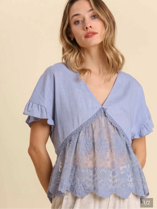 Umgee Tops - Umgee Linen Blend Lace Panel V-Neck Blouse